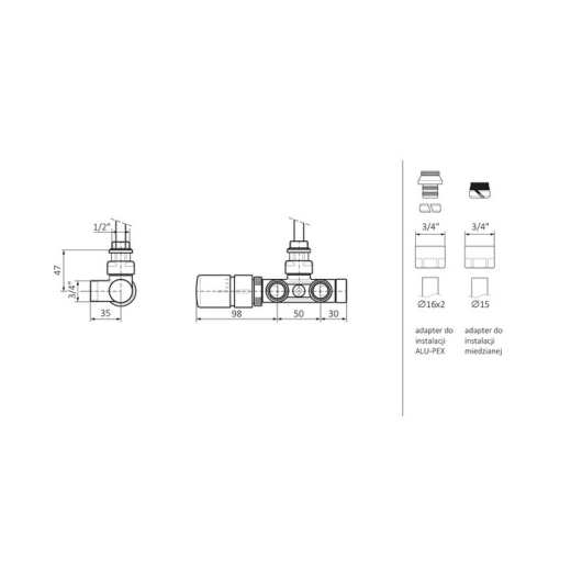 Набор вентилей термостатический угловой с погружной трубкой правый TERMA Set Of Valves хром WRZT5G6-CR - 3