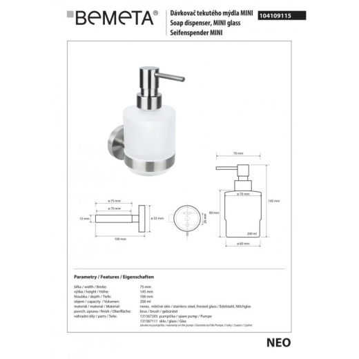 Дозатор для рідкого мила BEMETA Neo Mini білий/сталь 104109115 - 2