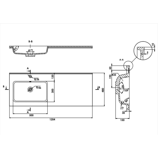 Умивальник Amidicon Rodeo 1200х480 матовий, врізний, лівий RODEO_120L_MAT - 3