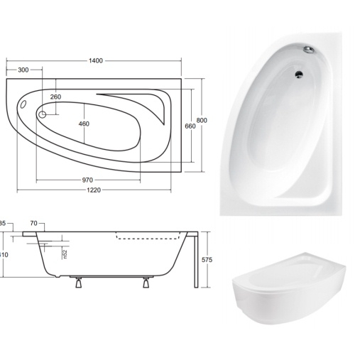 Ванна акриловая Besco Cornea 140х80R - 3