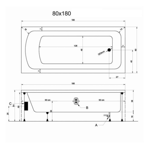 Ванна акрилова Insana Milas 180*80 без ніжок та обудов (А0059766) - 2